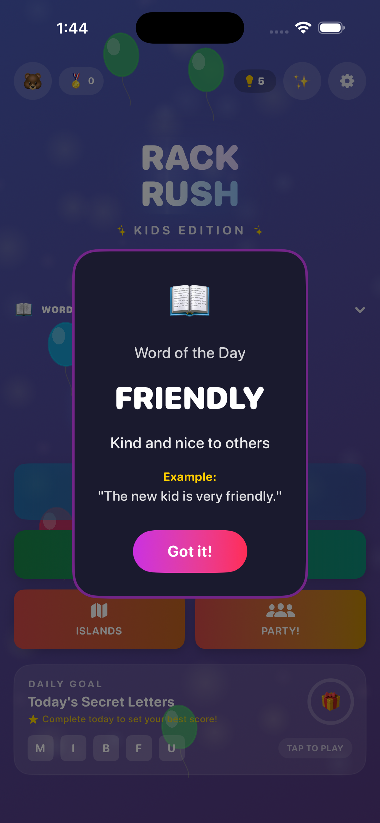 RackRush Kids Home Screen